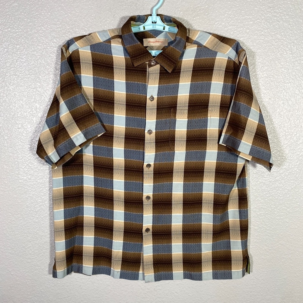 Tommy Bahama Shirt Mens Large Brown Blue Silk Hawaiian Camp Short Sleeve‎ Check